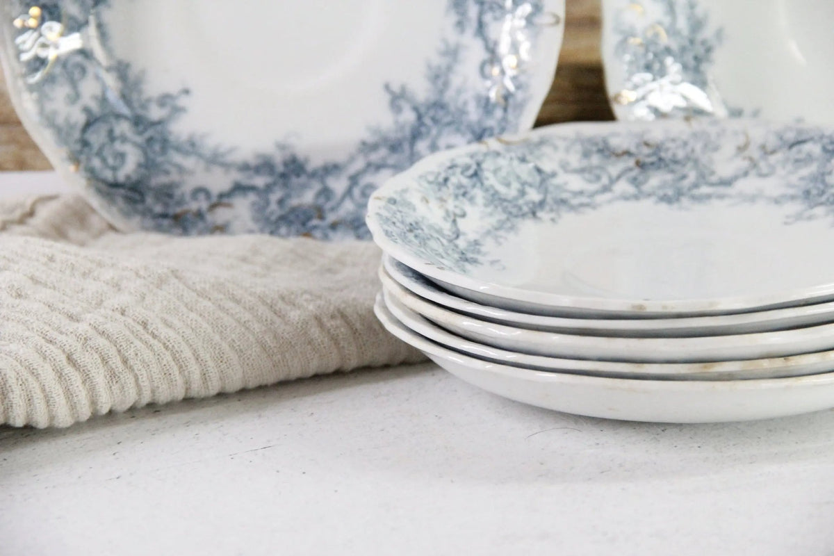 Blue Transferware Plate | 7 Antique Pale Rochester Saucers - Debra Hall Lifestyle