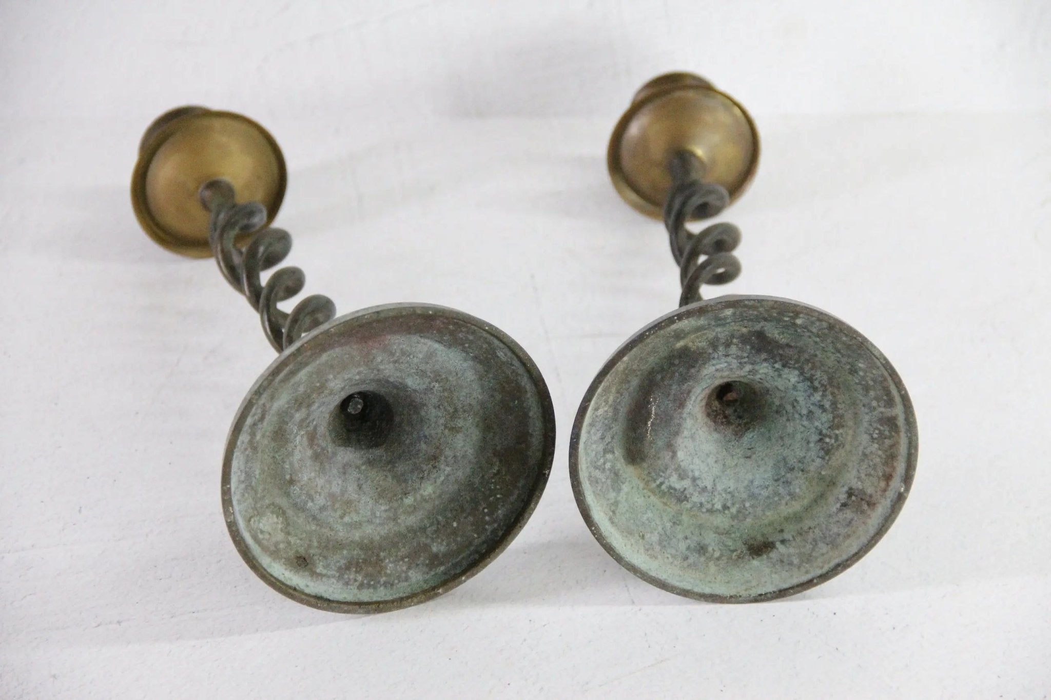 Brass Barley Twist Candle Holder Pair, Vintage MCM Open Verdigris - Debra Hall Lifestyle