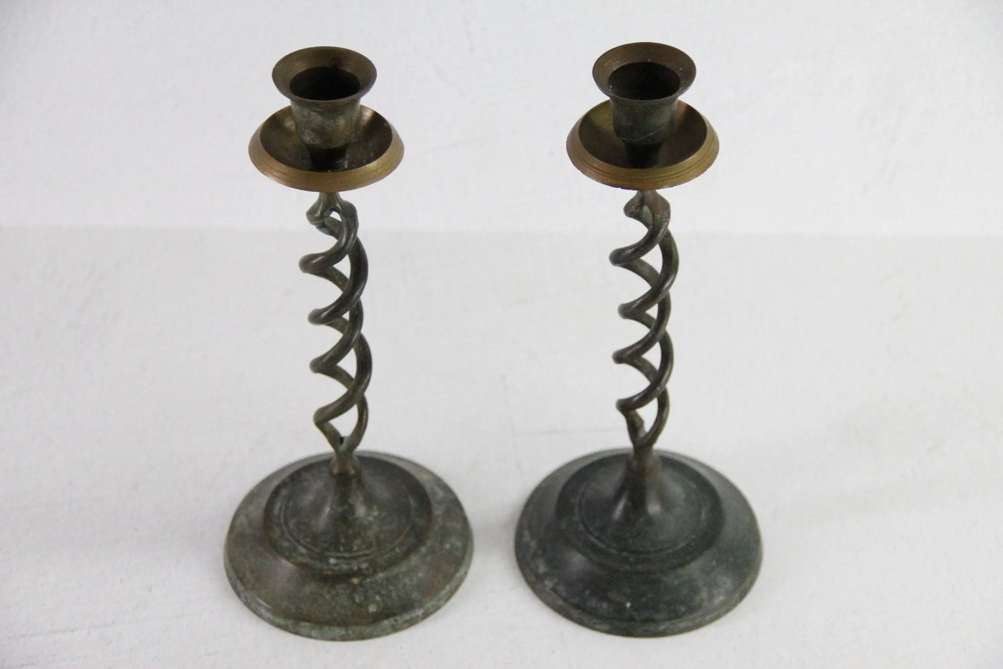 Brass Barley Twist Candle Holder Pair, Vintage MCM Open Verdigris - Debra Hall Lifestyle