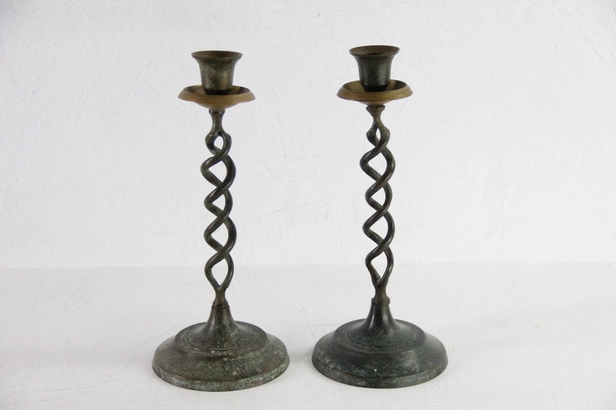 Brass Barley Twist Candle Holder Pair, Vintage MCM Open Verdigris - Debra Hall Lifestyle