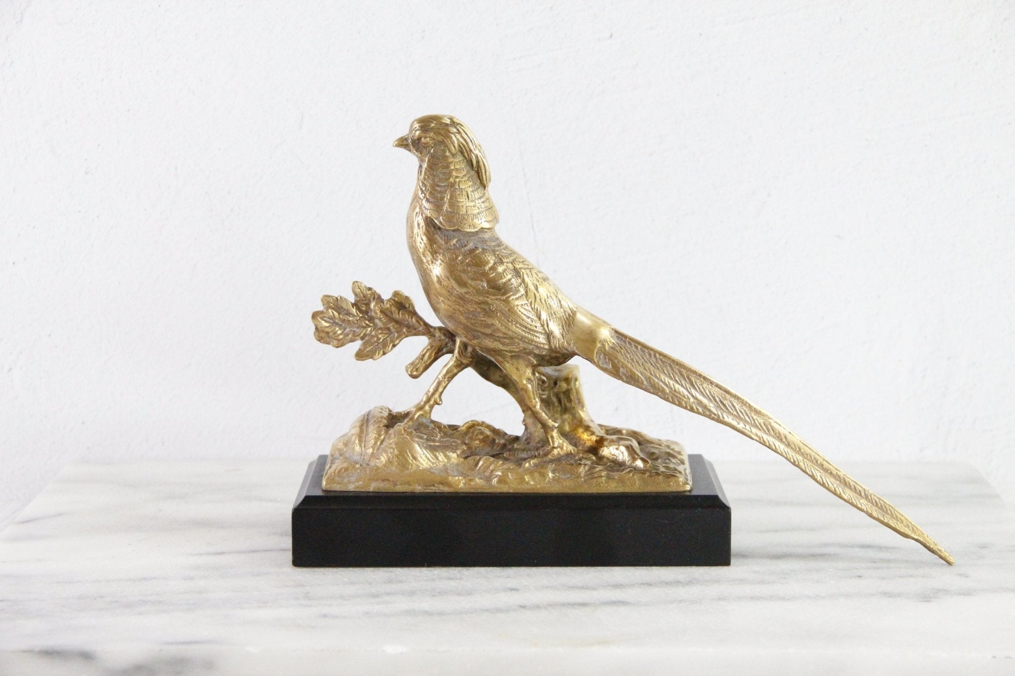 Brass Pheasant | Vintage Statue Mounted On Wood Base - Debra Hall Lifestyle