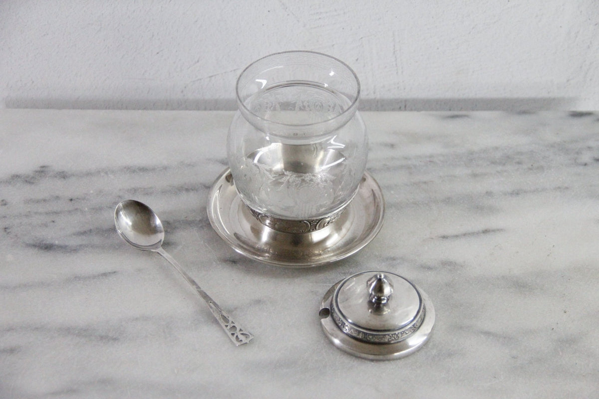 Condiment Jar | Antique Etched Glass with Sterling Spoon - Debra Hall Lifestyle
