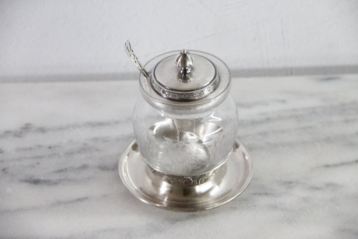 Condiment Jar | Antique Etched Glass with Sterling Spoon - Debra Hall Lifestyle