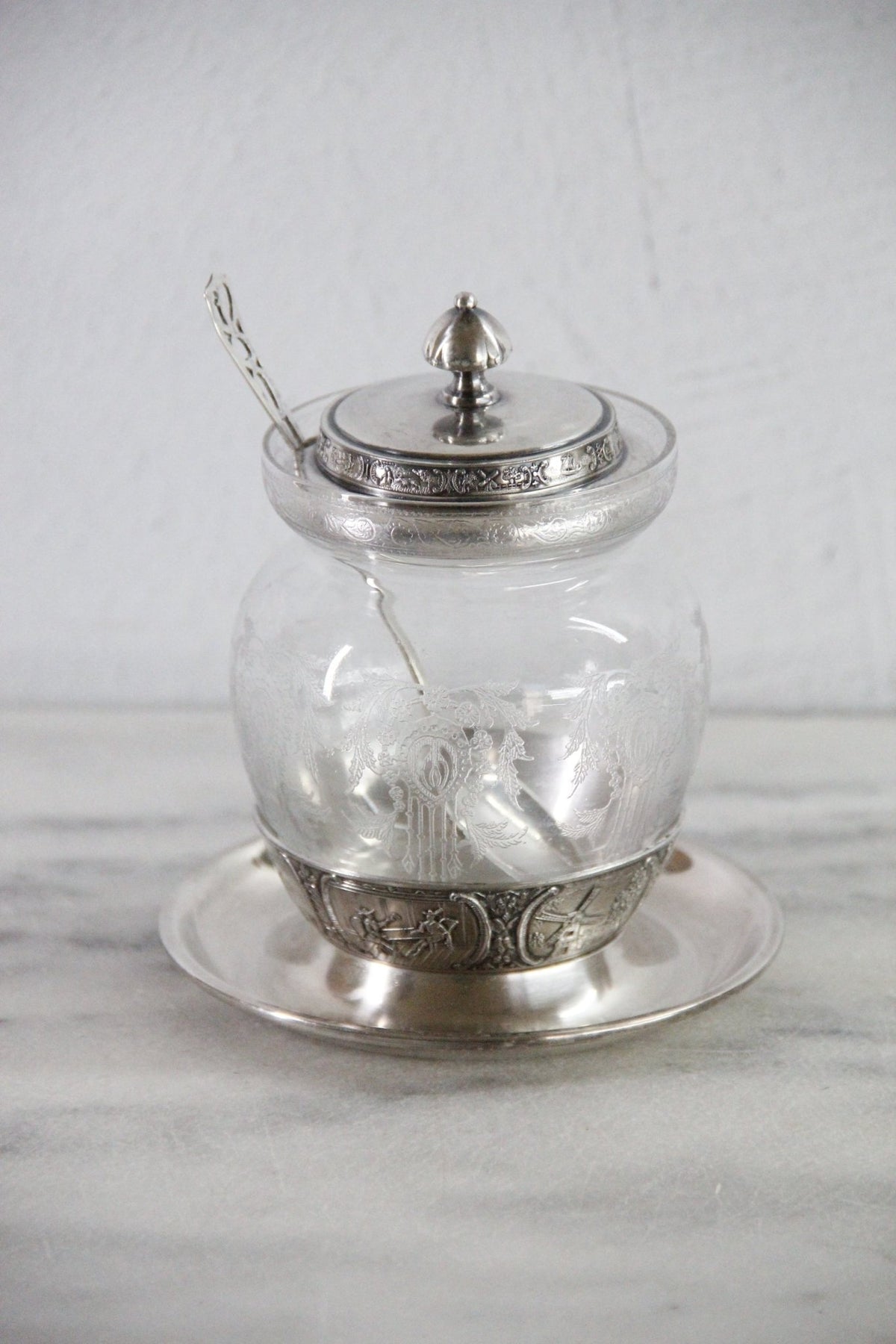 Condiment Jar | Antique Etched Glass with Sterling Spoon - Debra Hall Lifestyle