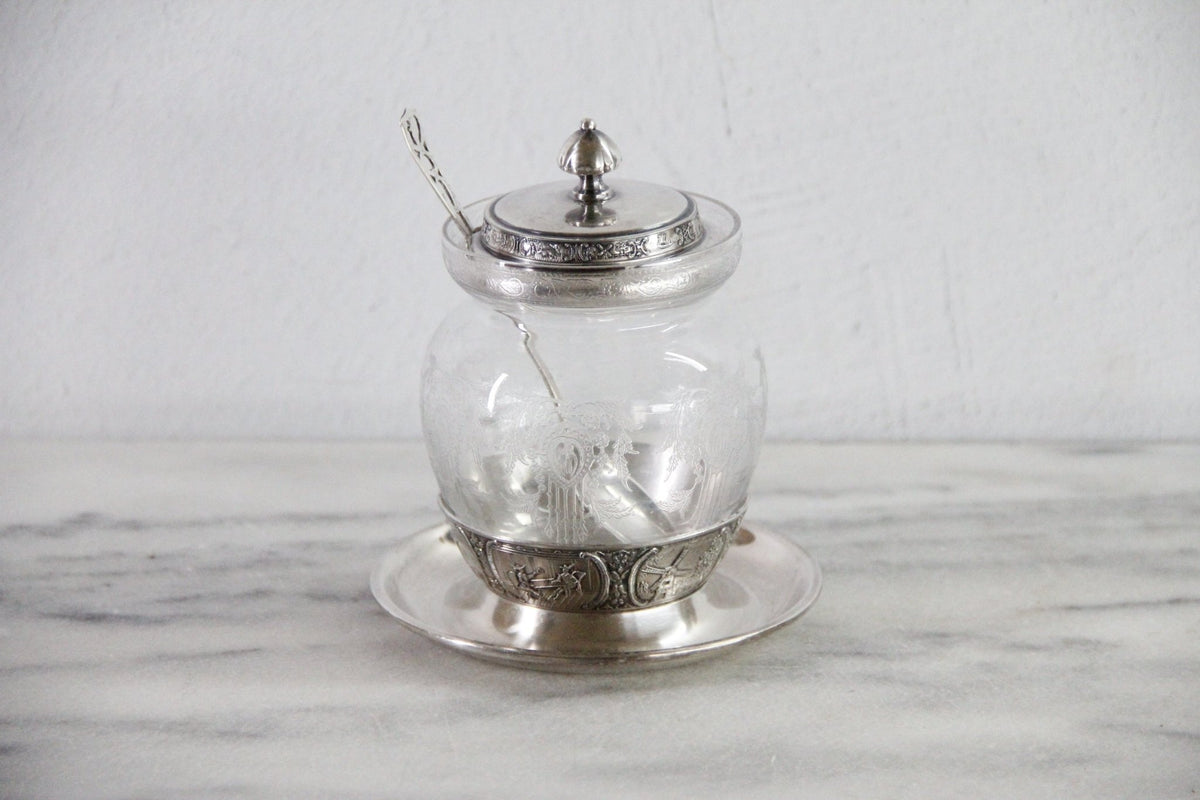 Condiment Jar | Antique Etched Glass with Sterling Spoon - Debra Hall Lifestyle