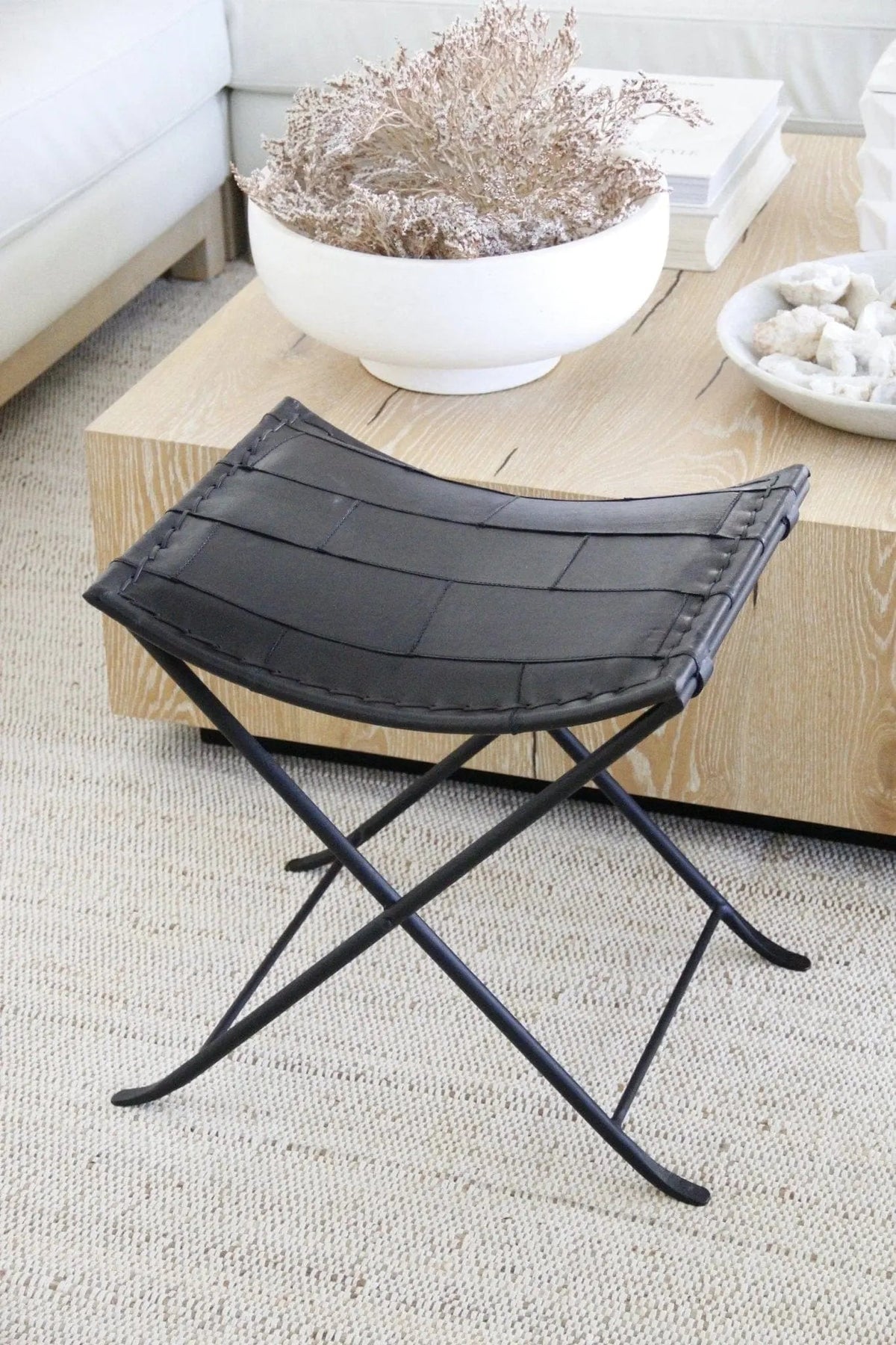 Folding Leather Stool | Black Iron Bench W/Black Leather-Luggage Rack - Debra Hall Lifestyle