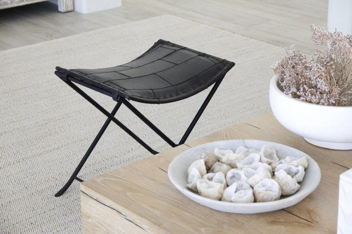 Folding Leather Stool | Black Iron Bench W/Black Leather-Luggage Rack - Debra Hall Lifestyle