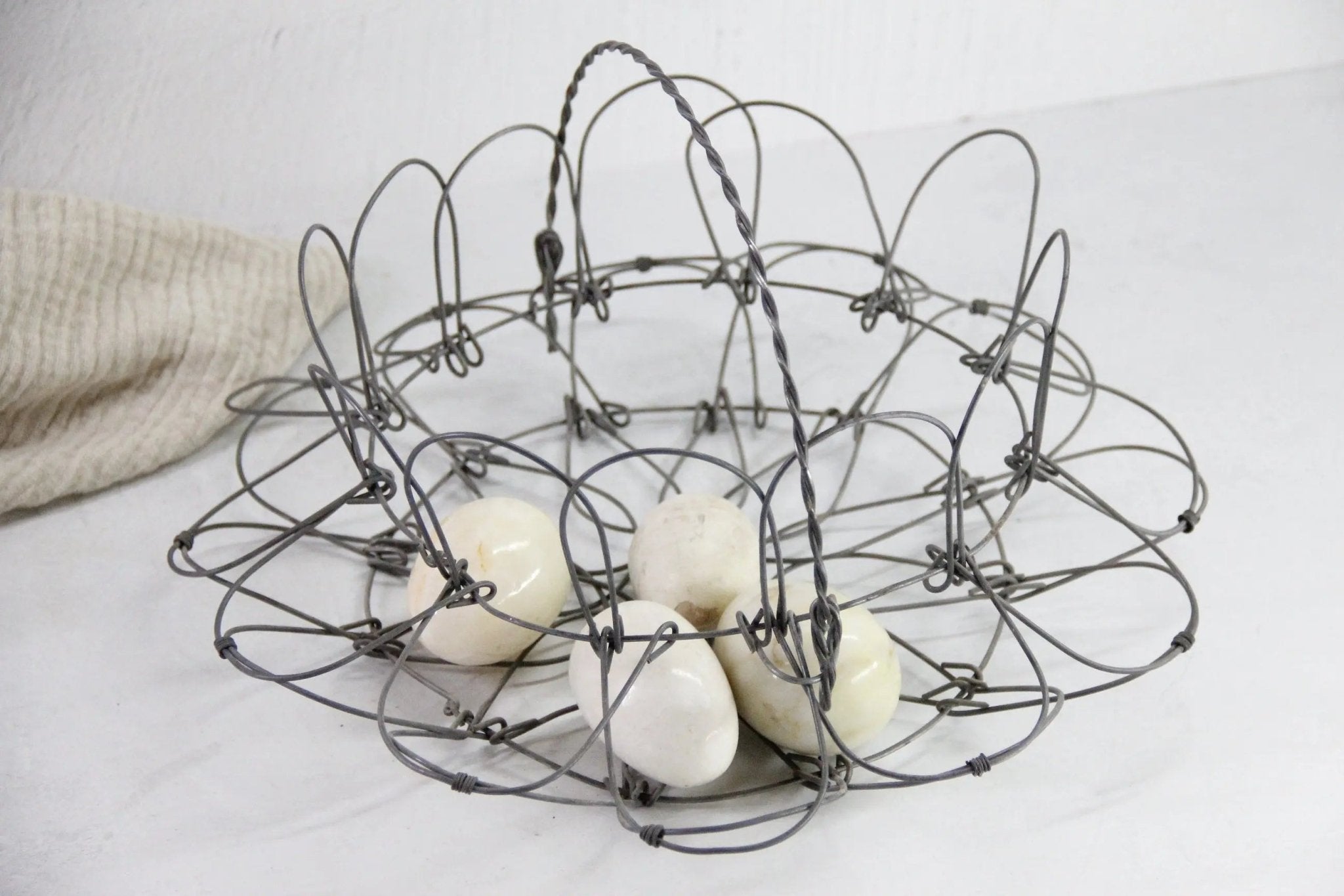 French Wire Egg Basket Vintage | Collapsable with Handle LG - Debra Hall Lifestyle