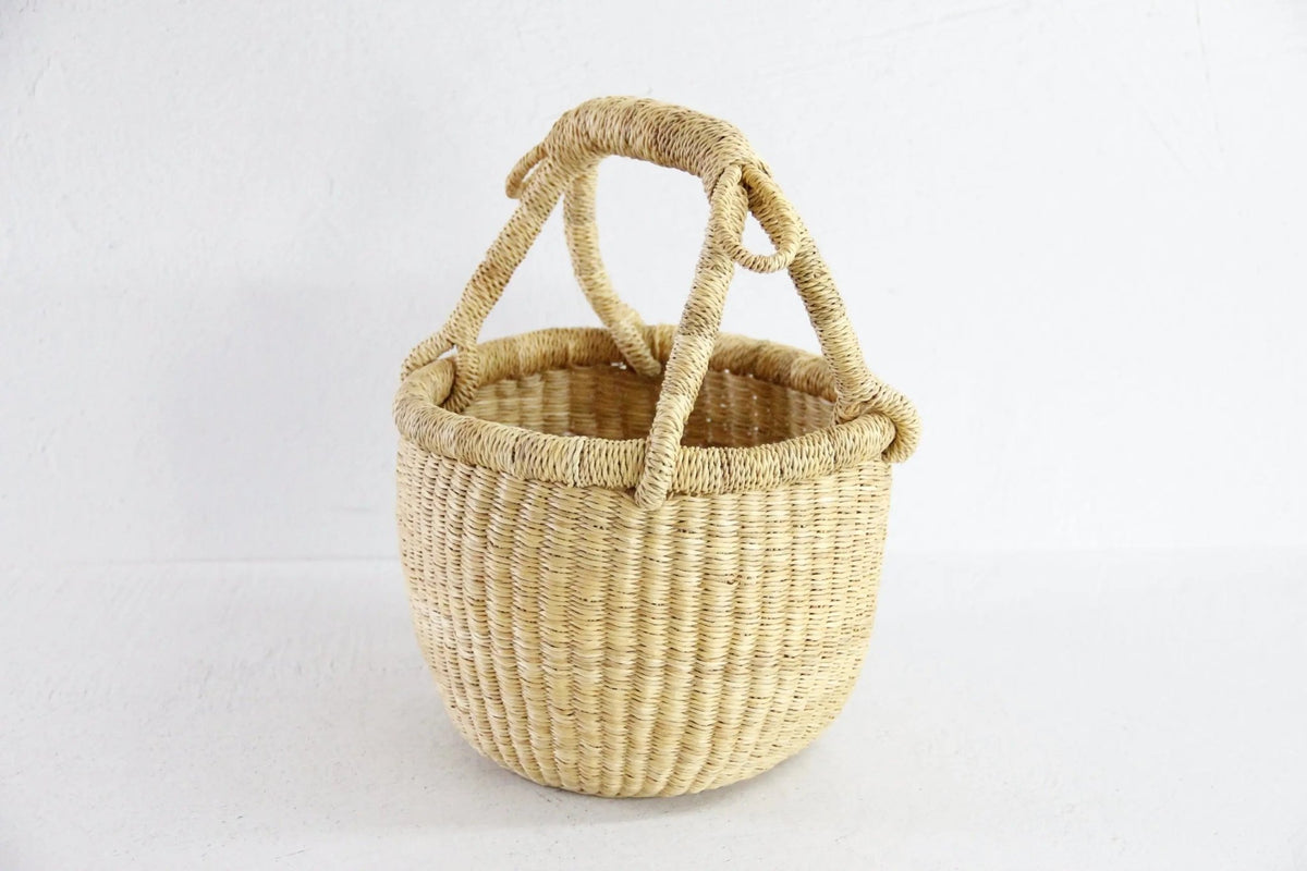 Hand Woven Market Basket | Vintage Mini Round Bolga - Debra Hall Lifestyle