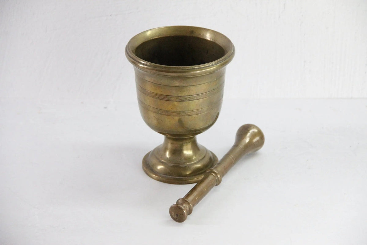 Large Antique Brass Mortar and Pestle | Etched Pedestal-19th C. - Debra Hall Lifestyle