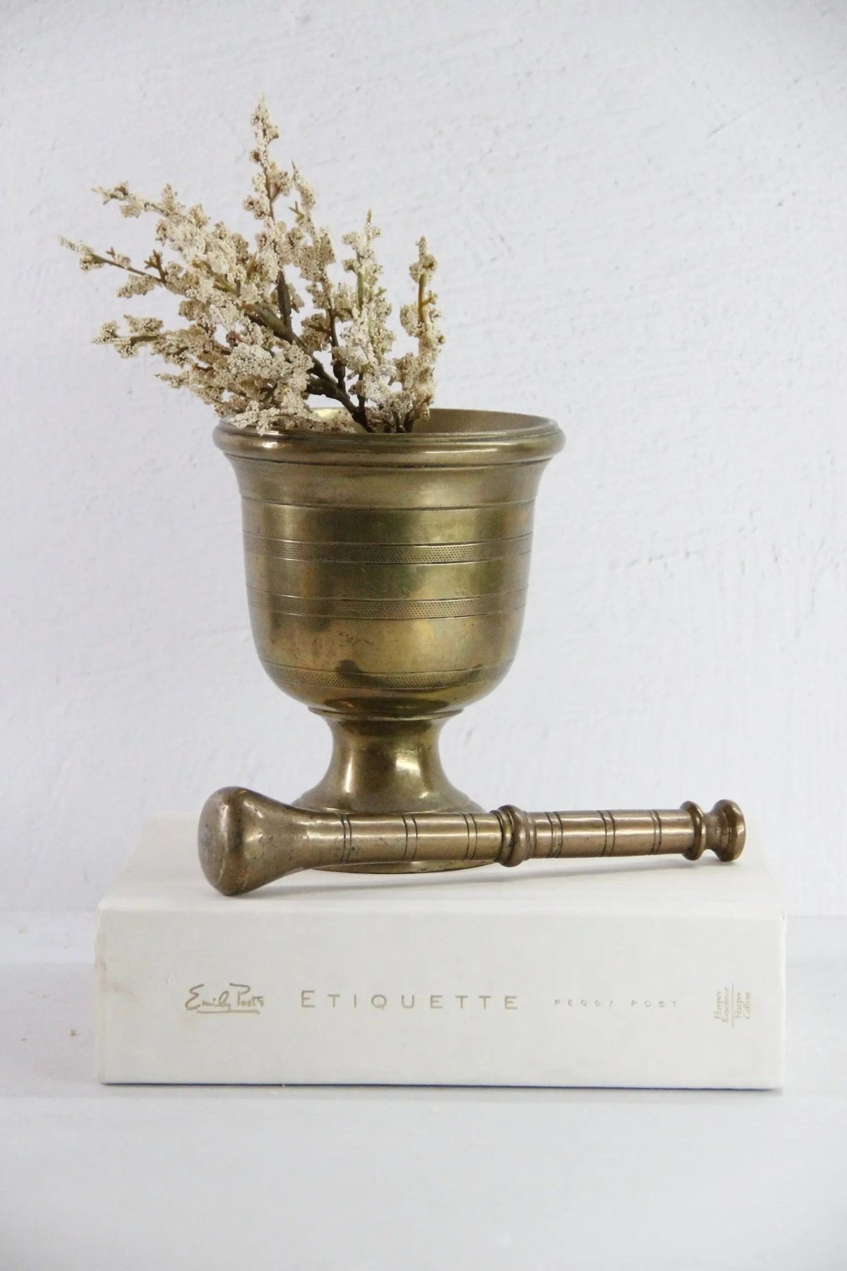 Large Antique Brass Mortar and Pestle | Etched Pedestal-19th C. - Debra Hall Lifestyle
