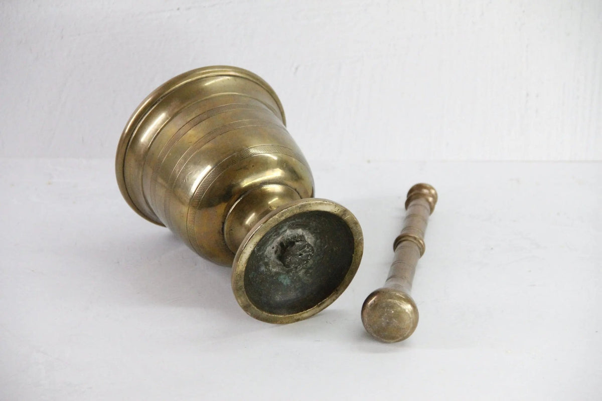 Large Antique Brass Mortar and Pestle | Etched Pedestal-19th C. - Debra Hall Lifestyle