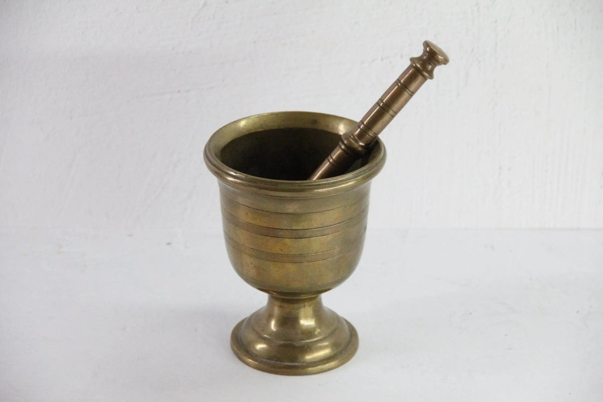 Large Antique Brass Mortar and Pestle | Etched Pedestal-19th C. - Debra Hall Lifestyle