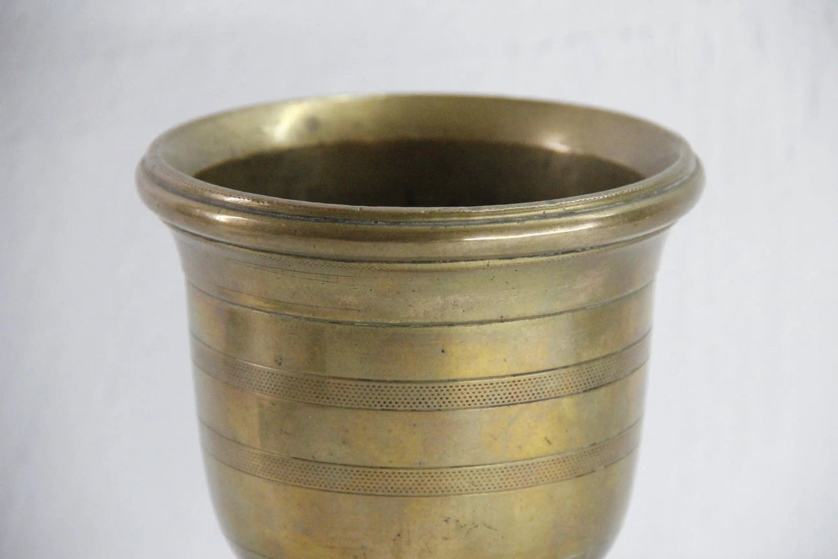 Large Antique Brass Mortar and Pestle | Etched Pedestal-19th C. - Debra Hall Lifestyle