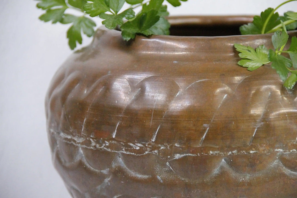 Large Antique Copper Pot | Hand Hammered Etched Vessel - Debra Hall Lifestyle