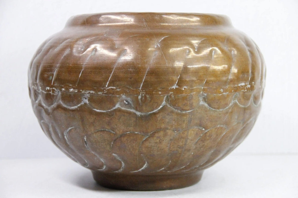 Large Antique Copper Pot | Hand Hammered Etched Vessel - Debra Hall Lifestyle