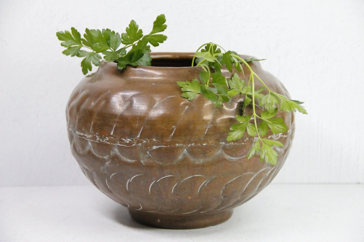 Large Antique Copper Pot | Hand Hammered Etched Vessel - Debra Hall Lifestyle