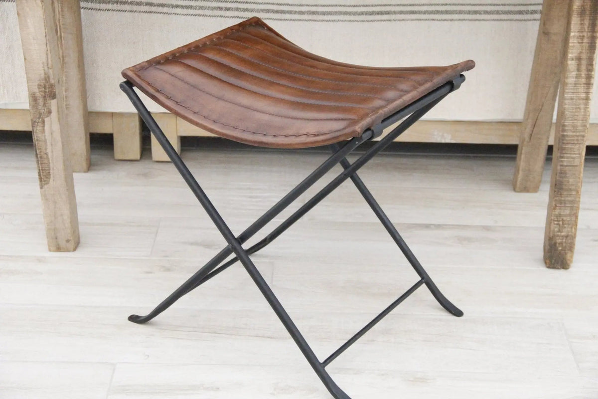 Leather Folding Stool | Brown With Black Iron | 2 Piece Bench - Debra Hall Lifestyle