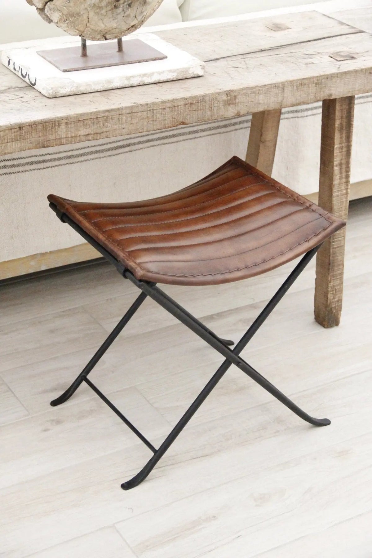 Leather Folding Stool | Brown With Black Iron | 2 Piece Bench - Debra Hall Lifestyle