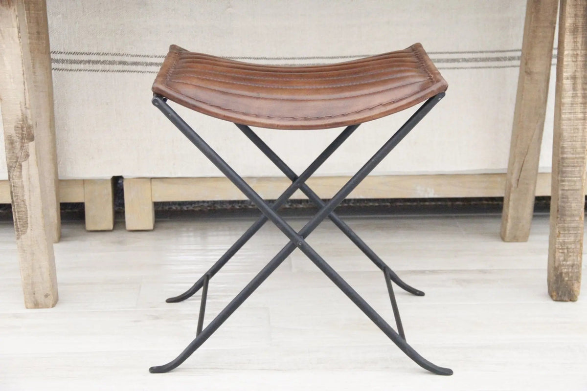 Leather Folding Stool | Brown With Black Iron | 2 Piece Bench - Debra Hall Lifestyle