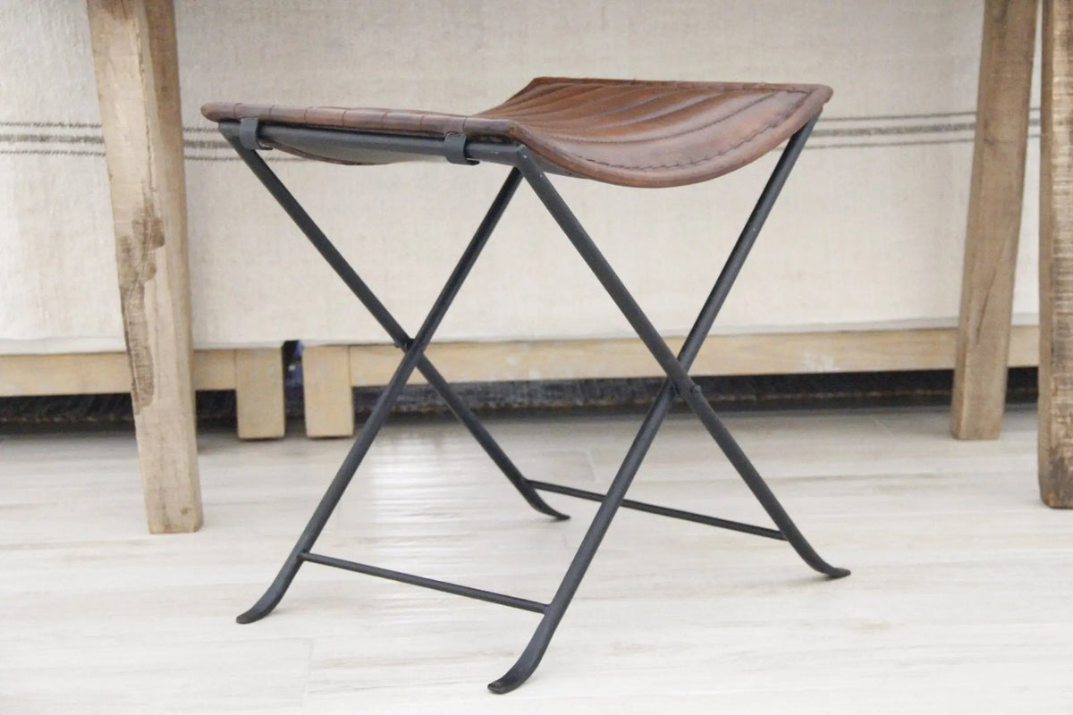 Leather Folding Stool | Brown With Black Iron | 2 Piece Bench - Debra Hall Lifestyle