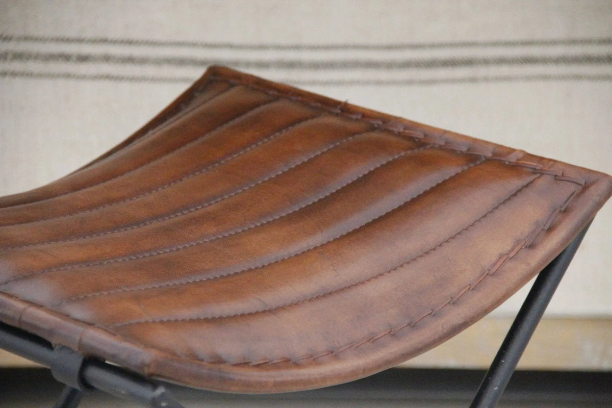 Leather Folding Stool | Brown With Black Iron | 2 Piece Bench - Debra Hall Lifestyle