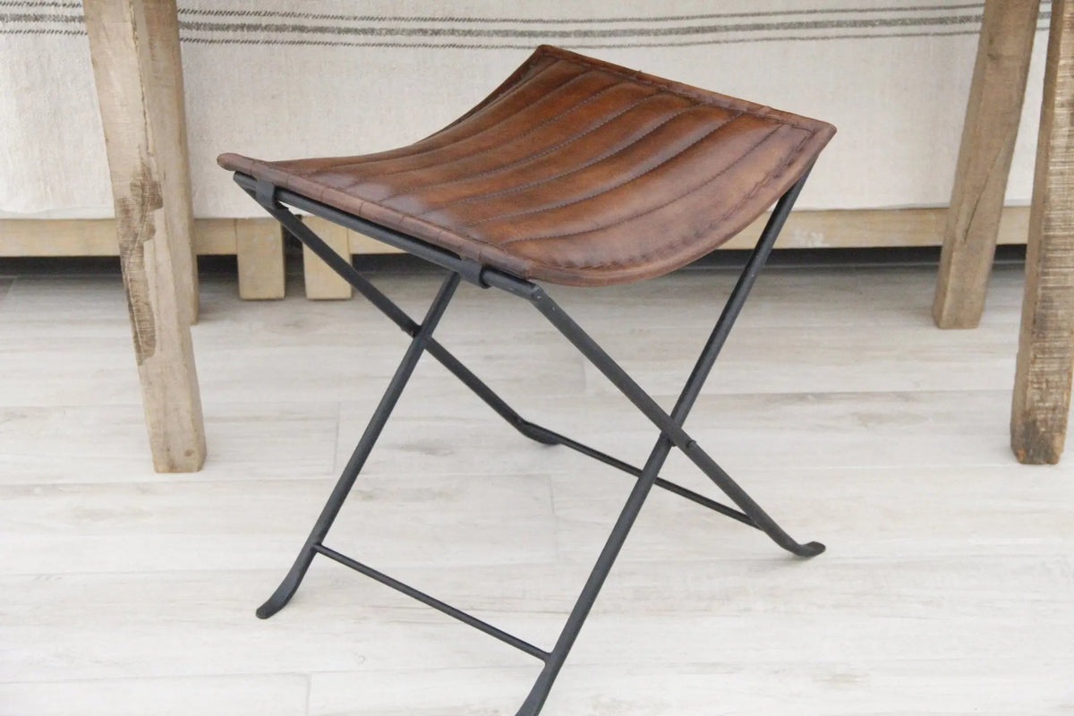 Leather Folding Stool | Brown With Black Iron | 2 Piece Bench - Debra Hall Lifestyle