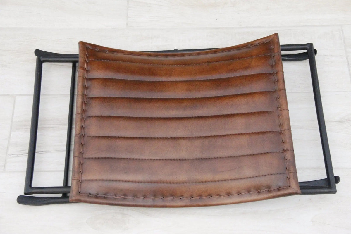 Leather Folding Stool | Brown With Black Iron | 2 Piece Bench - Debra Hall Lifestyle