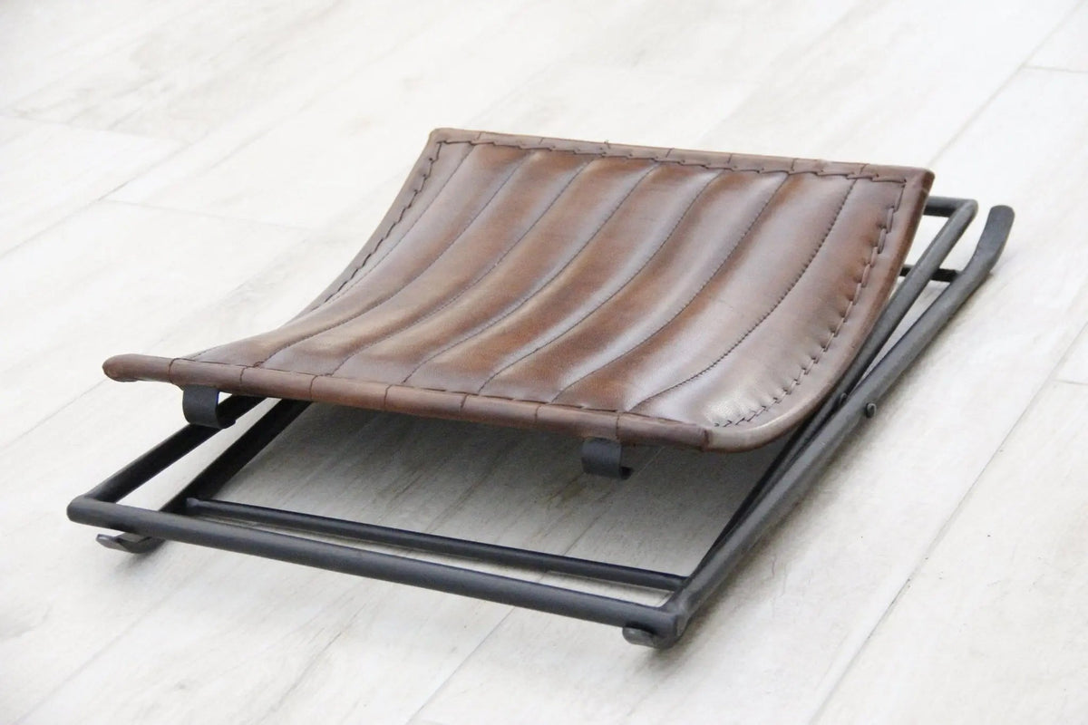 Leather Folding Stool | Brown With Black Iron | 2 Piece Bench - Debra Hall Lifestyle