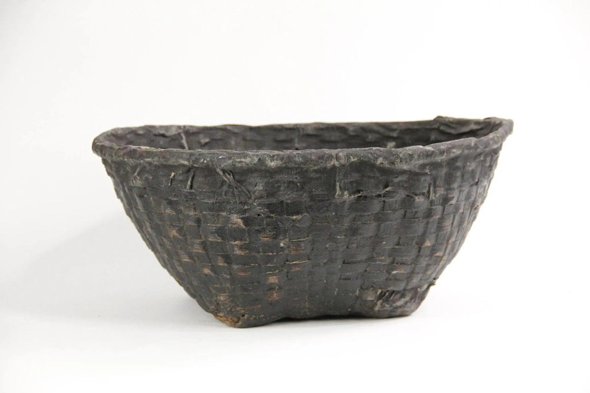 Primitive Basket | Vintage Decorative Black Woven Cane - Debra Hall Lifestyle