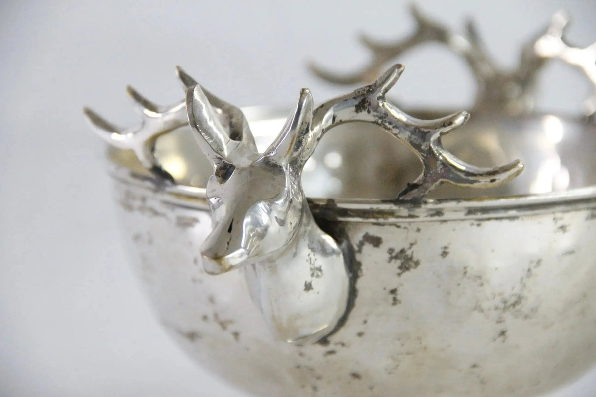 Silver Plate Hammered Bowl with Stag Handles & Head - Debra Hall Lifestyle