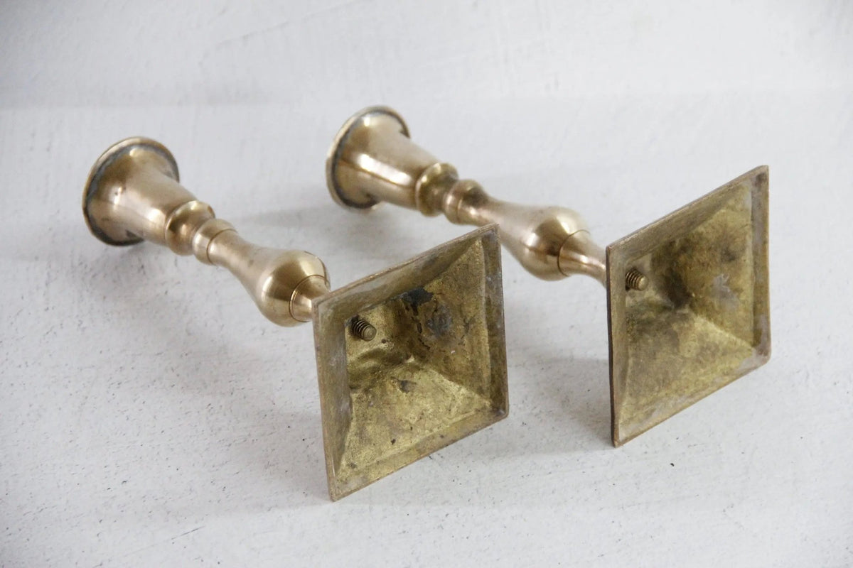 Vintage Brass Candle Holders Pair | Square Base With Floral Top - Debra Hall Lifestyle