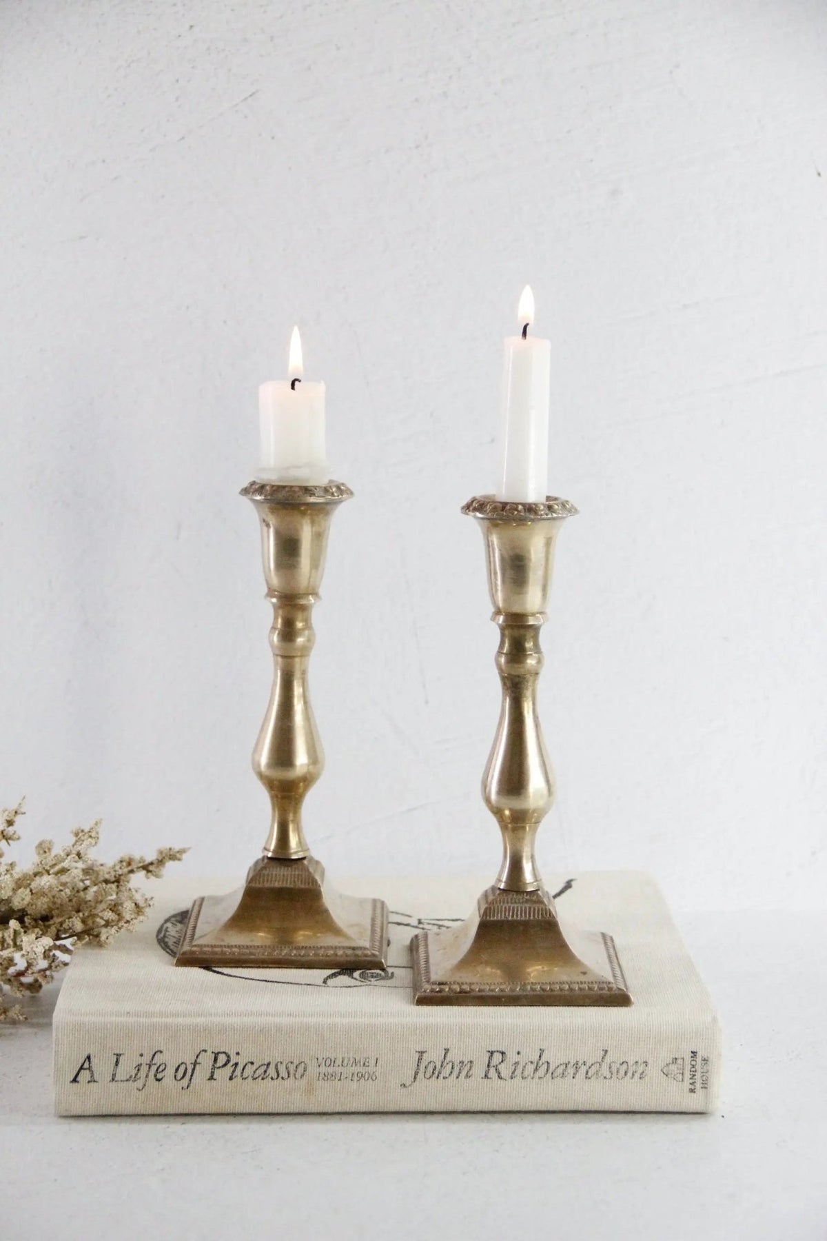 Vintage Brass Candle Holders Pair | Square Base With Floral Top - Debra Hall Lifestyle