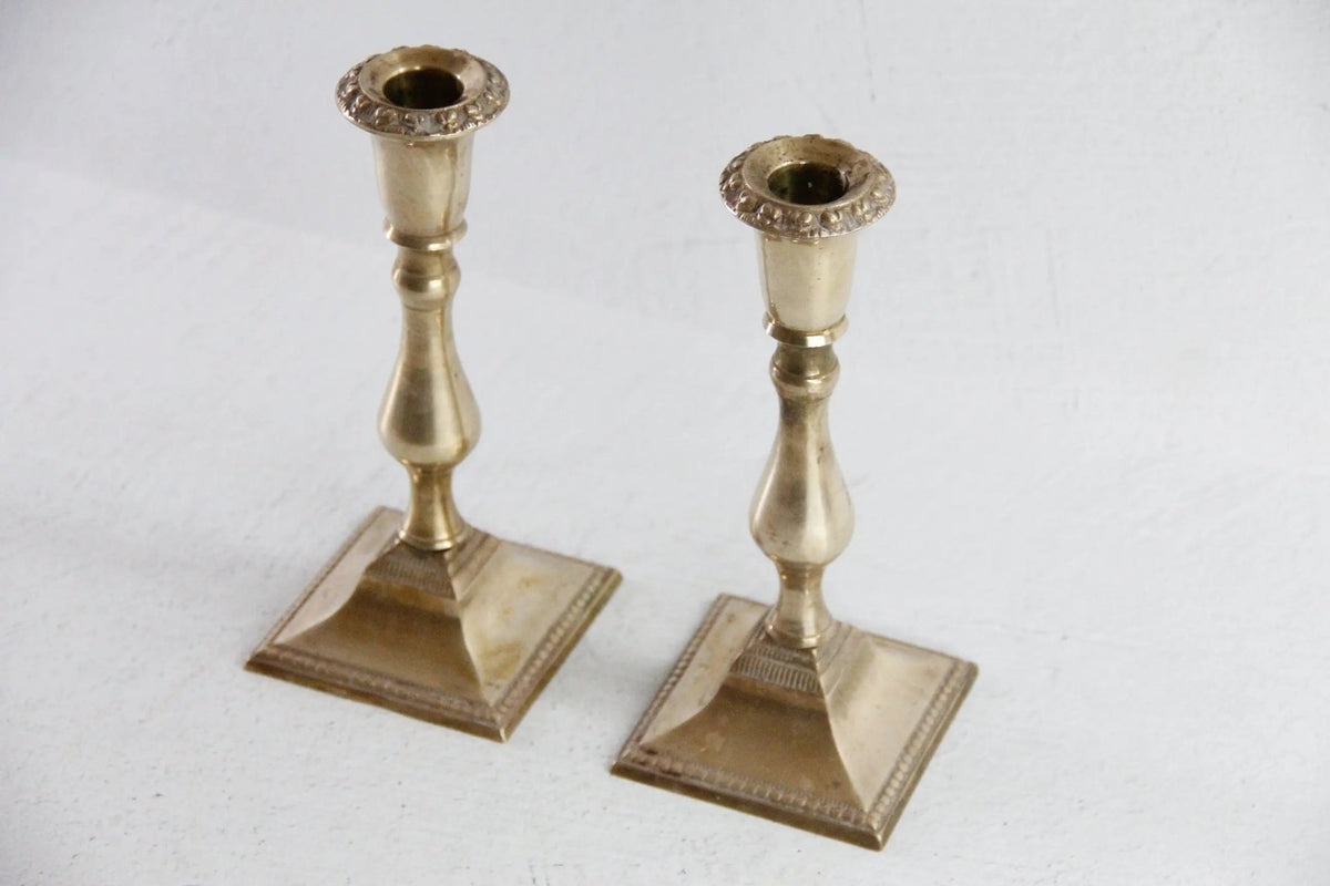 Vintage Brass Candle Holders Pair | Square Base With Floral Top - Debra Hall Lifestyle