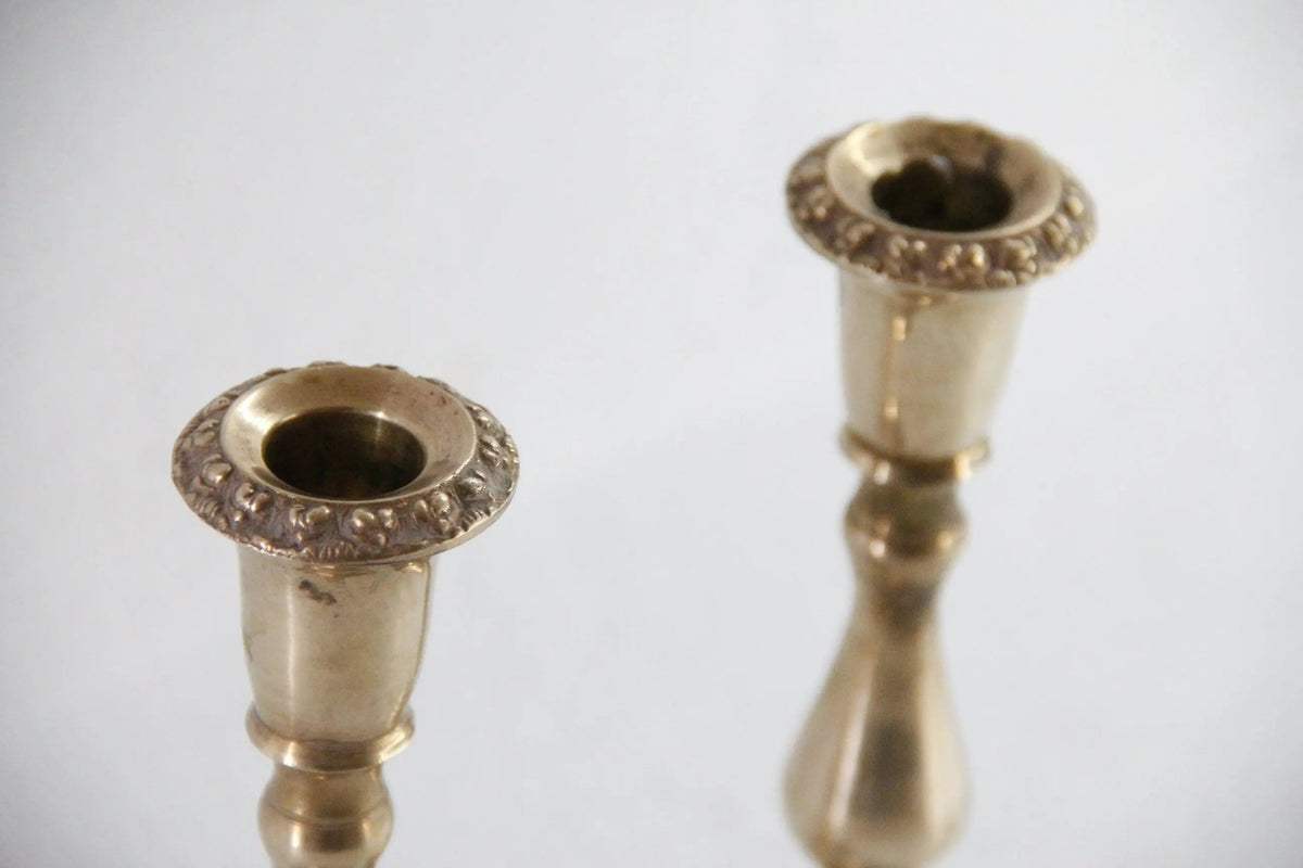 Vintage Brass Candle Holders Pair | Square Base With Floral Top - Debra Hall Lifestyle