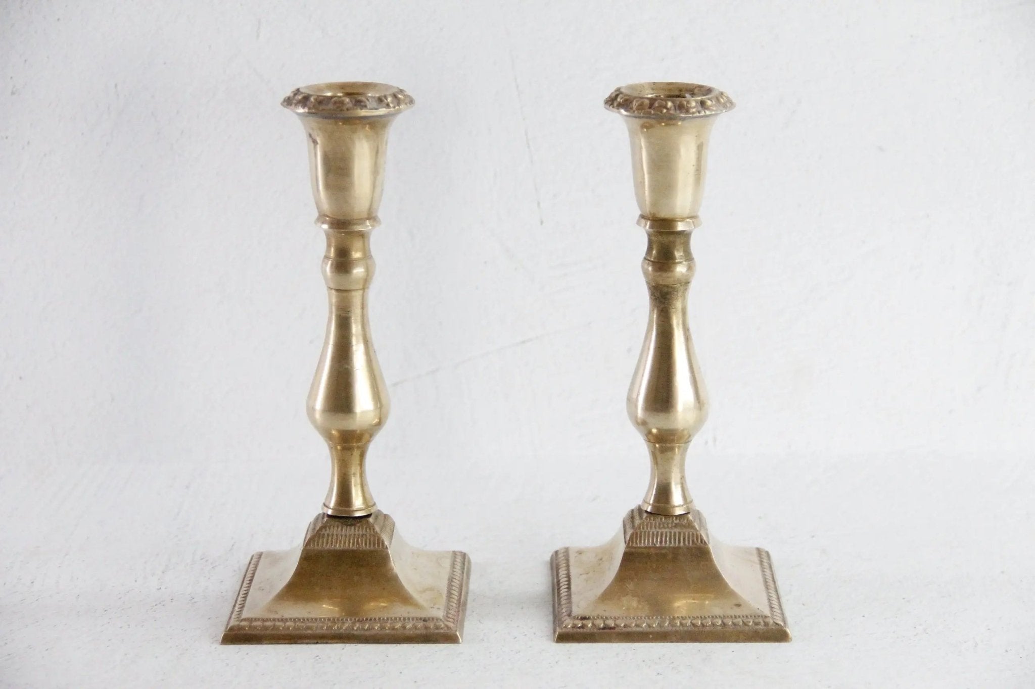 Vintage Brass Candle Holders Pair | Square Base With Floral Top - Debra Hall Lifestyle