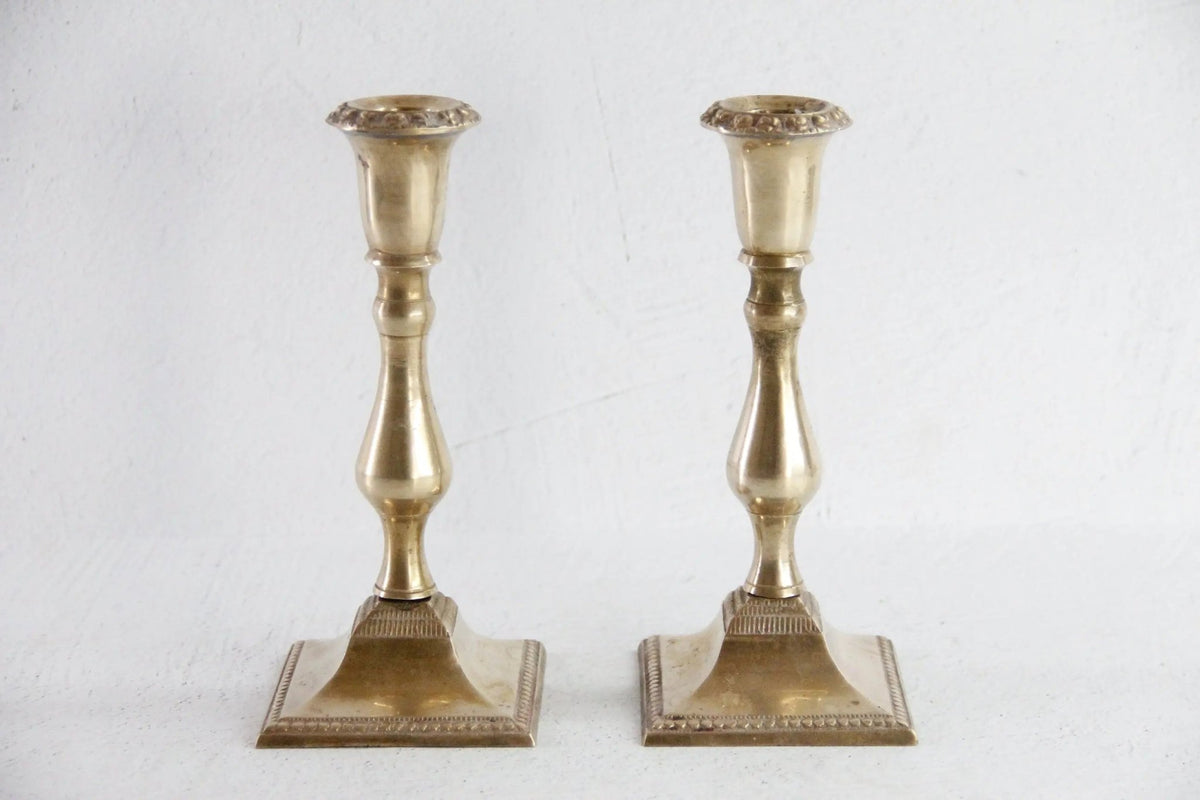 Vintage Brass Candle Holders Pair | Square Base With Floral Top - Debra Hall Lifestyle