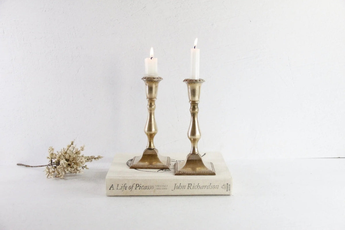 Vintage Brass Candle Holders Pair | Square Base With Floral Top - Debra Hall Lifestyle