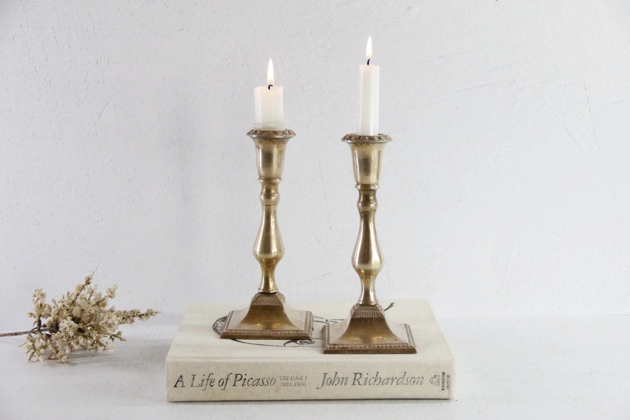 Vintage Brass Candle Holders Pair | Square Base With Floral Top - Debra Hall Lifestyle