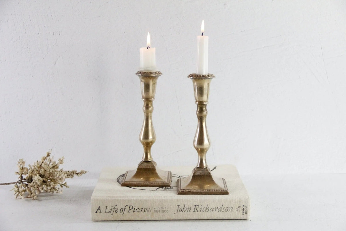 Vintage Brass Candle Holders Pair | Square Base With Floral Top - Debra Hall Lifestyle