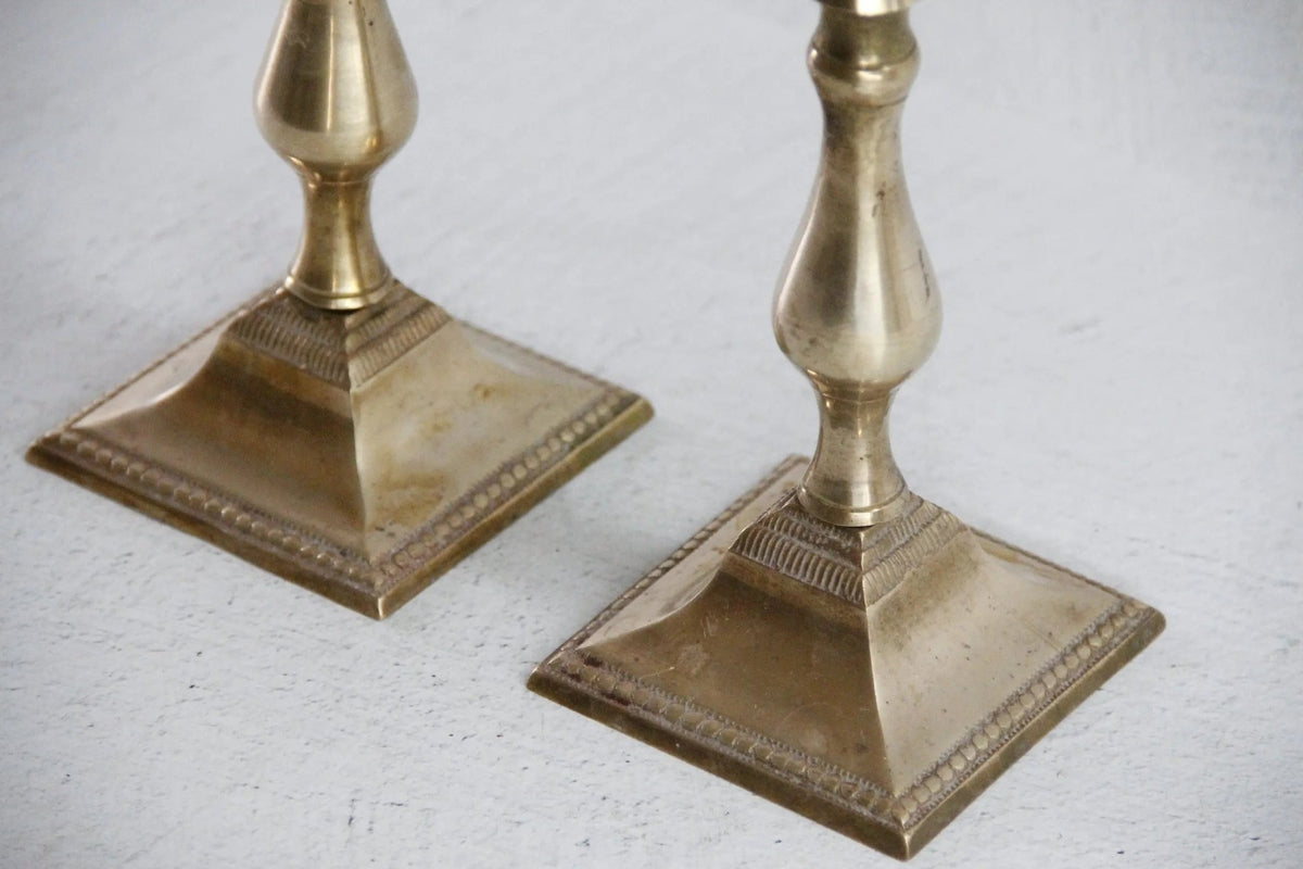 Vintage Brass Candle Holders Pair | Square Base With Floral Top - Debra Hall Lifestyle