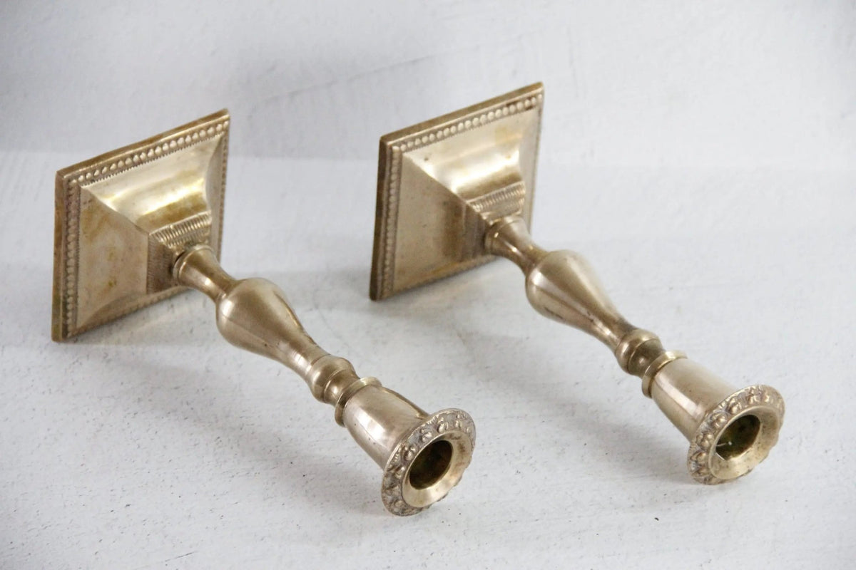 Vintage Brass Candle Holders Pair | Square Base With Floral Top - Debra Hall Lifestyle