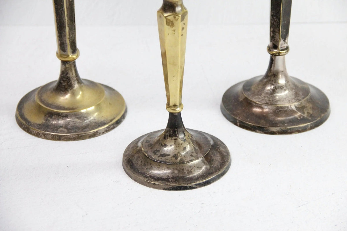 Vintage Brass Candlesticks | Silver Trio-Patinated - Debra Hall Lifestyle