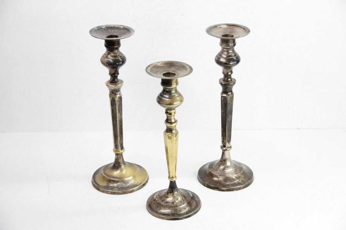 Vintage Brass Candlesticks | Silver Trio-Patinated - Debra Hall Lifestyle