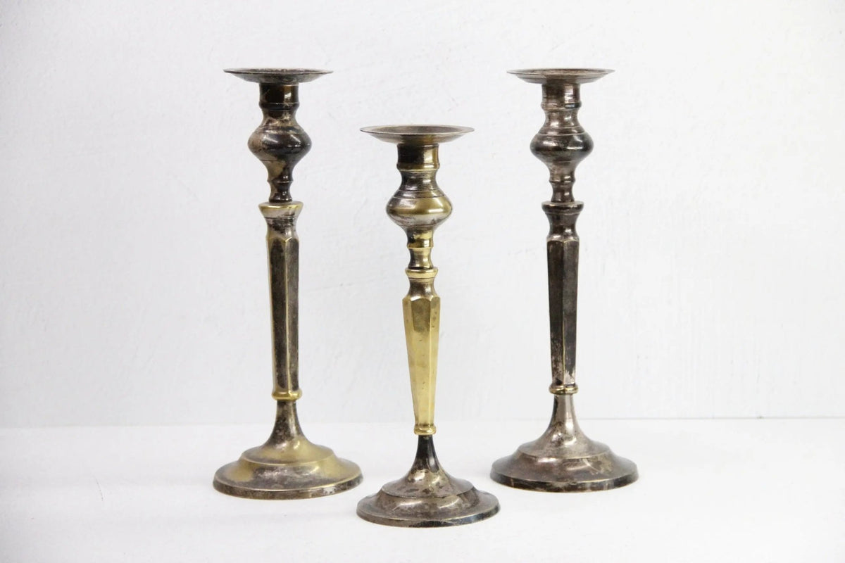 Vintage Brass Candlesticks | Silver Trio-Patinated - Debra Hall Lifestyle