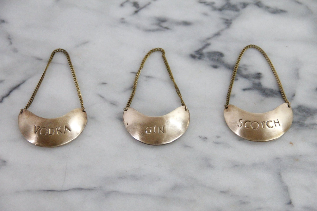 Vintage Brass Decanter Tags Gin Scotch Vodka Set of 3 - Debra Hall Lifestyle
