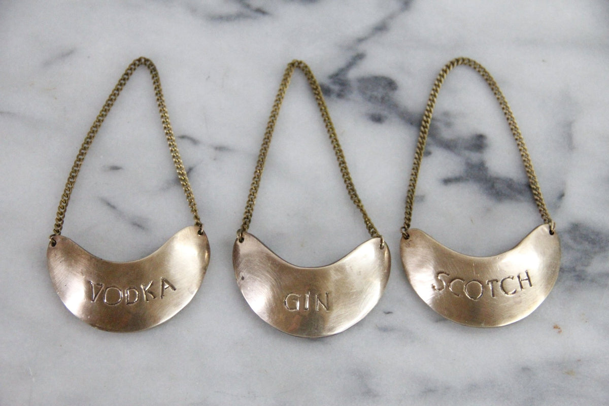 Vintage Brass Decanter Tags Gin Scotch Vodka Set of 3 - Debra Hall Lifestyle
