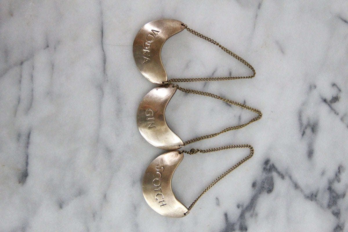 Vintage Brass Decanter Tags Gin Scotch Vodka Set of 3 - Debra Hall Lifestyle