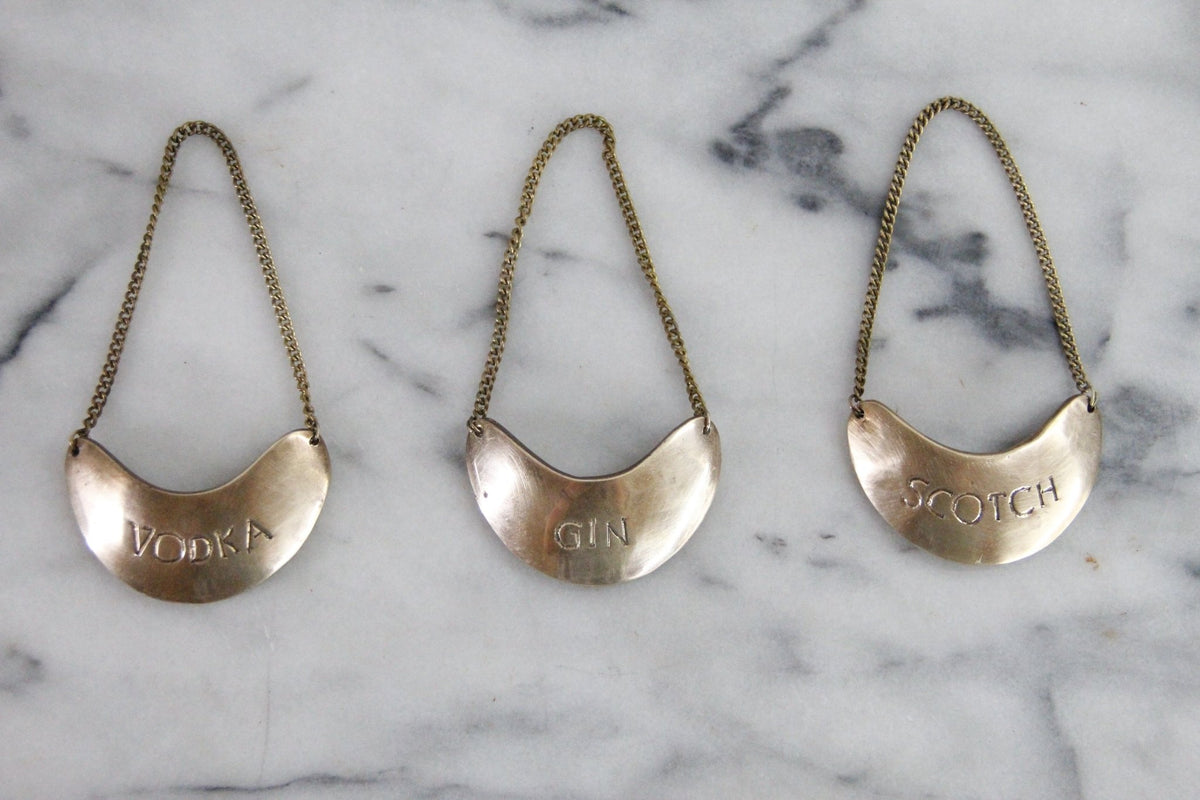 Vintage Brass Decanter Tags Gin Scotch Vodka Set of 3 - Debra Hall Lifestyle