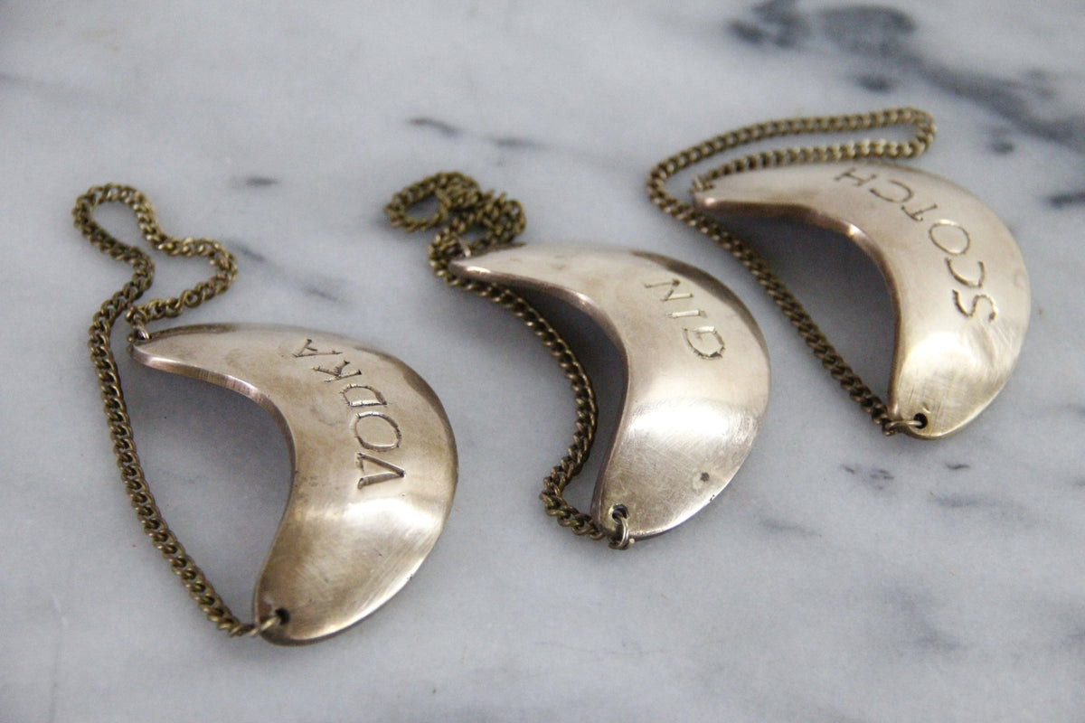 Vintage Brass Decanter Tags Gin Scotch Vodka Set of 3 - Debra Hall Lifestyle